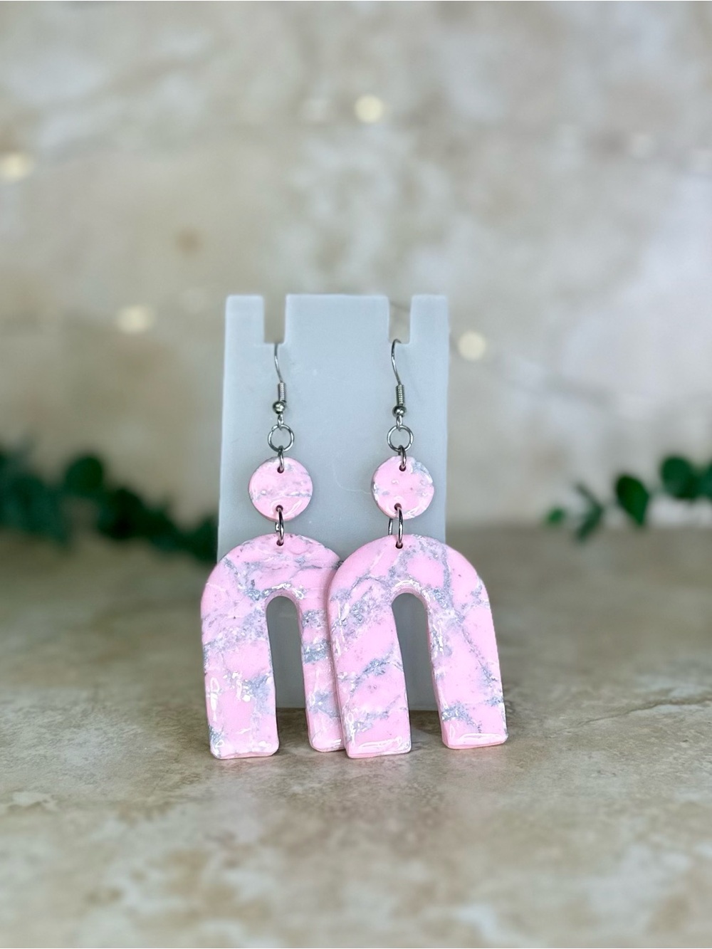 Handmade Polymer Clay Pink Silver Marble Abstract Earrings Dangle Hypoallergenic